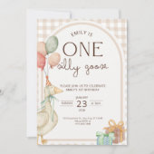 ジェンダーニュートラルな1歳の誕生日招待状「One Silly Goose」 招待状 (正面)