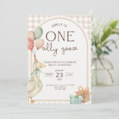 ジェンダーニュートラルな1歳の誕生日招待状「One Silly Goose」 招待状 (スタンド正面)