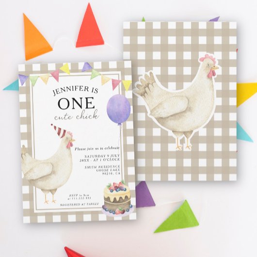 ジェンダーニュートラルな かわいいひよこ 1歳の誕生日 招待状