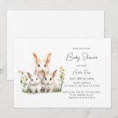 ジェンダーニュートラルのウッドランドうさぎベイビーシャワー 招待状 (正面/裏面)