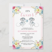 ジェンダーニュートラルのピンクの双子の女の子のベビーシャワー 招待状 (正面)