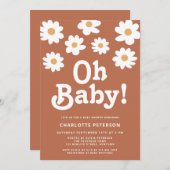 ジェンダーニュートラルのレトロなデイジー ベイビーシャワー 招待状 (正面/裏面)