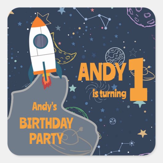 ジェンダーニュートラルの宇宙をテーマにした1歳の誕生日パーティー スクエアシール (正面)