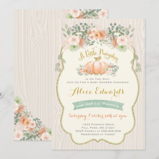 ジェンダーニュートラル パンプキン ベイビーシャワー インビテーション (正面/裏面)