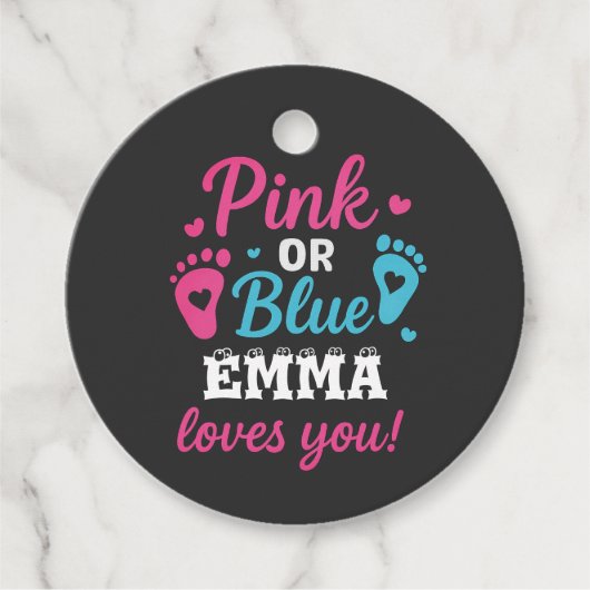 ジェンダーパーソナライズされたリビールピンクまたはブルーのベビーシューウェ フェイバータグ (正面)