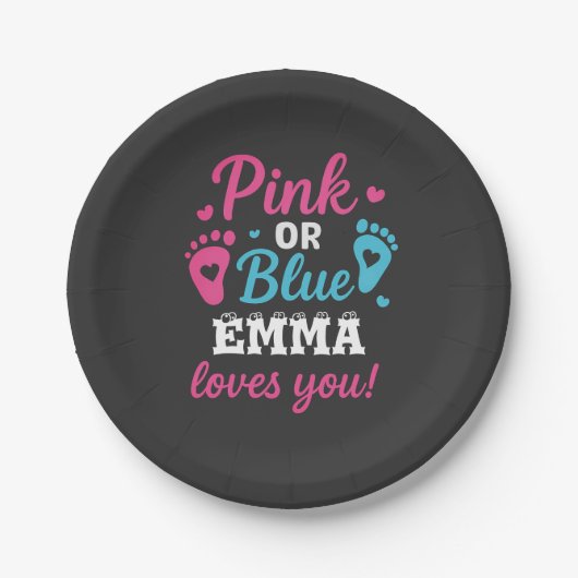 ジェンダーパーソナライズされたリビールピンクまたはブルーのベビーシューウェ ペーパープレート (正面)