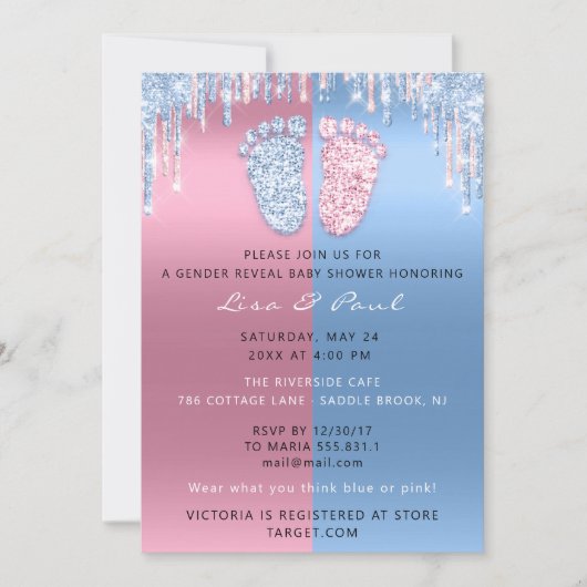 ジェンダーリビールグリッタードリップピンクブルー男の赤ちゃん女の子 招待状 (正面)