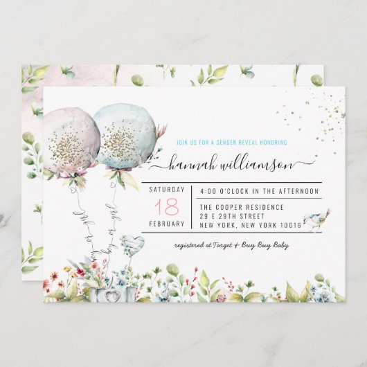 ジェンダーリビールバルーン赤ちゃんシャワー招待状 招待状 (正面/裏面)