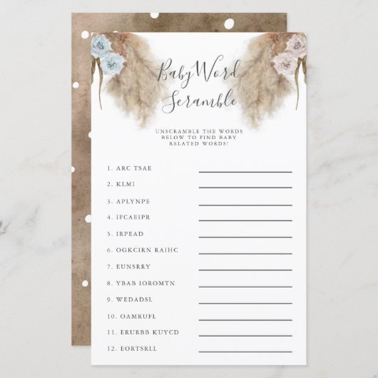 ジェンダーリビールパンパスグラスベビー単語スクランブルゲーム (正面/裏面)