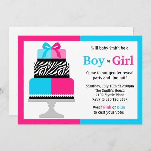 ジェンダーリビールパーティの招待状ピンクブルーケーキ 招待状 (正面/裏面)