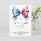 ジェンダーリビールピンクのブルーボウ赤ちゃんシャワーパーティー 招待状 (スタンド正面)