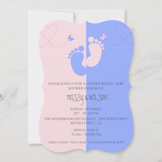 ジェンダーリビールピンクガールブルー男の赤ちゃん招待状 セーブザデート (正面)