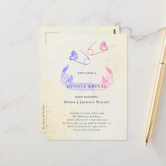 ジェンダーリビールピンクブルーピンベビーシャワー招待状 ポストカード (正面/裏面インサイチュ)