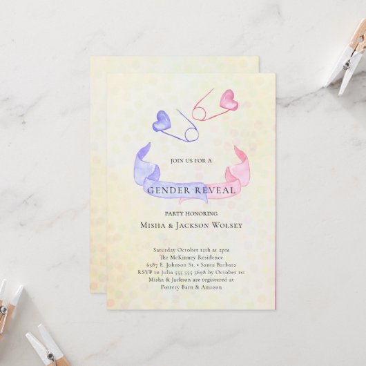 ジェンダーリビールピンクブルーベビーシャワー招待状 招待状 (正面/裏面インサイチュ)