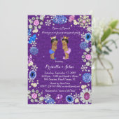 ジェンダーリビールベビーシャワー、ダマスク、紫 招待状 (スタンド正面)