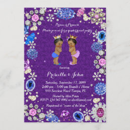 ジェンダーリビールベビーシャワー、ダマスク、紫 招待状