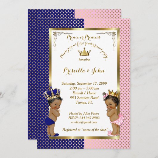 ジェンダーリビールベビーシャワー、青、ピンク、金ゴールド 招待状 (正面/裏面)