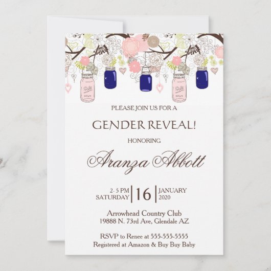 ジェンダーリビールメイソンジャースベイビーシャワー招待状 招待状 (正面)