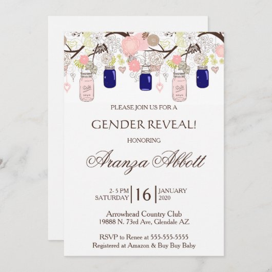 ジェンダーリビールメイソンジャースベイビーシャワー招待状 招待状 (正面/裏面)