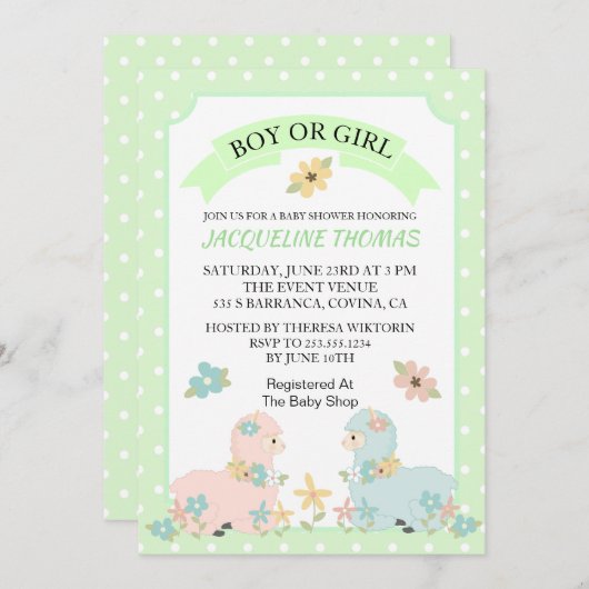 ジェンダーリビールラマベビーシャワー招待状 招待状 (正面/裏面)