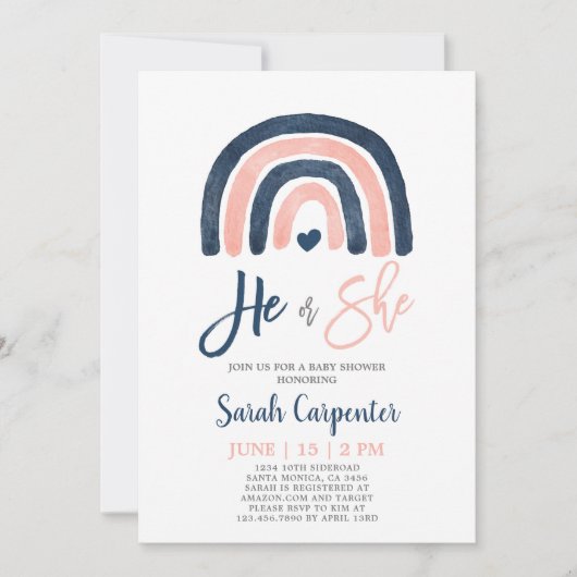 ジェンダーリビールレインボーブルーとピンクのシャワー 招待状 (正面)