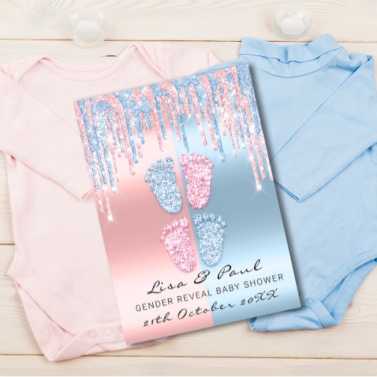ジェンダーリビール足グリッターピンクブルーベビーツインズ 招待状
