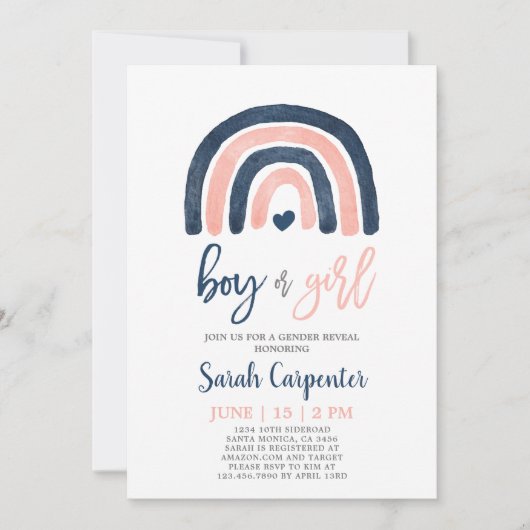 ジェンダーリビーレインボーネービーブルーとピンクシャワー 招待状 (正面)