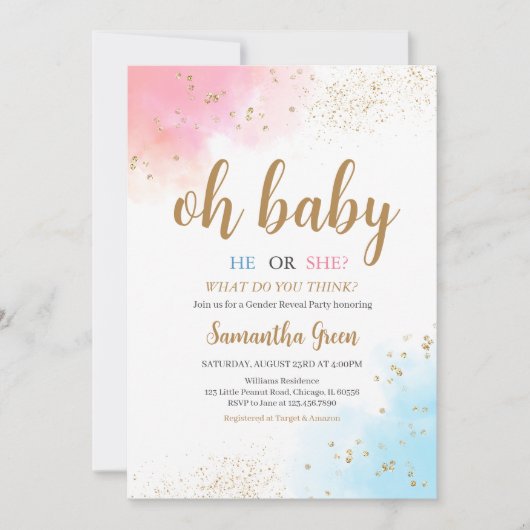 ジェンダーレベルピンクブルーオベビーベビーシャワー 招待状 (正面)