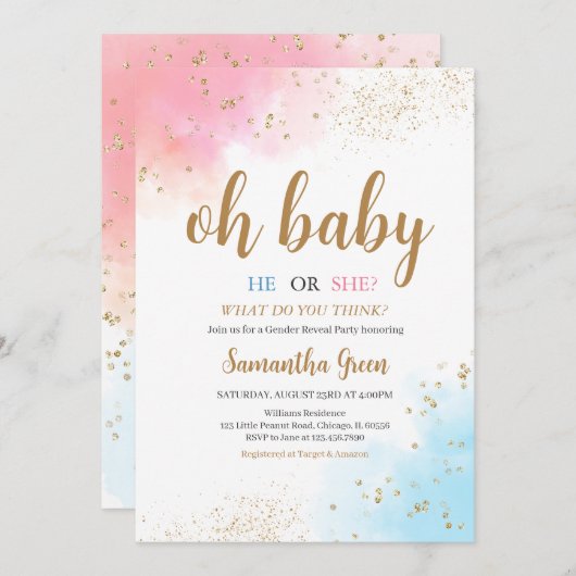 ジェンダーレベルピンクブルーオベビーベビーシャワー 招待状 (正面/裏面)