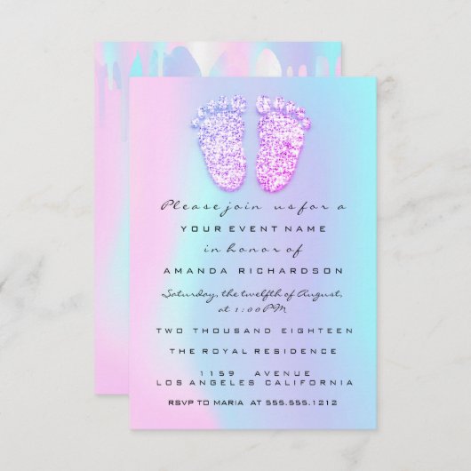 ジェンダー再生ベビーシャワー足ホログラフィックドリップ 招待状 (正面/裏面)
