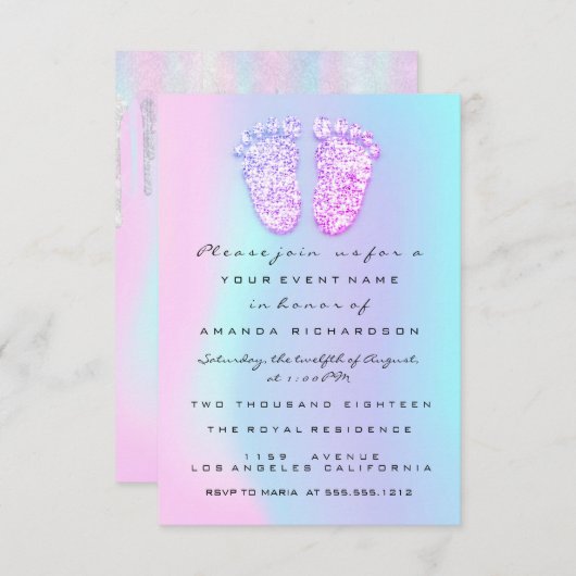 ジェンダー再生ベビーシャワー足ホログラフィックドリップ 招待状 (正面/裏面)