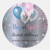 ジェンダー明かすパーティー男の子の青いピンクの銀 ラウンドシール (正面)
