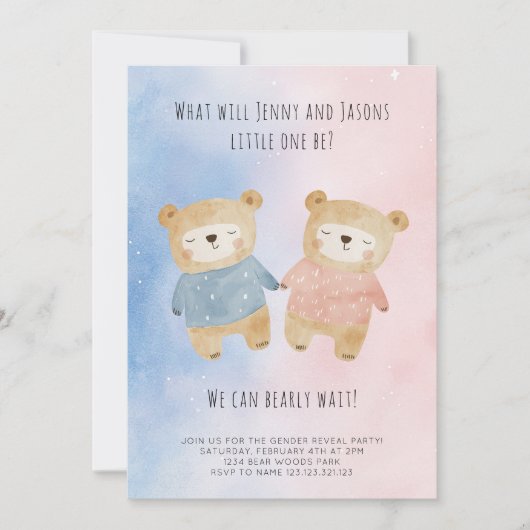 ジェンダー明けクマ星付きピンク色の背景 招待状 (正面)