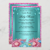 ジェンダー明らかに赤ちゃんシャワーティール(緑がかった色)ピンクの結晶2 招待状 (正面/裏面)