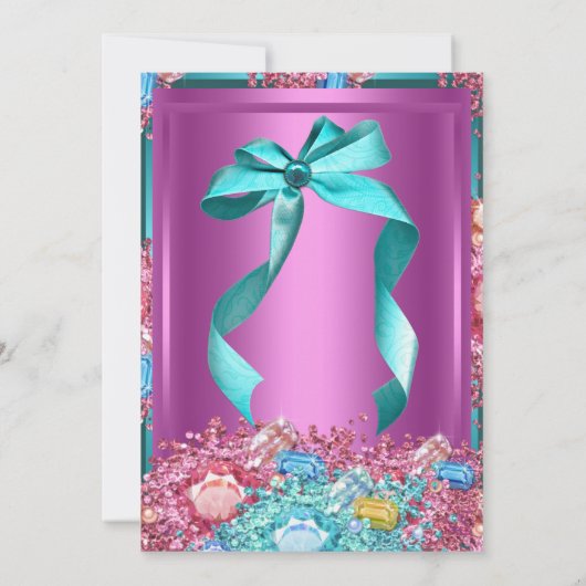 ジェンダー明らかに赤ちゃんシャワーピンクのティール（緑がかった色）ブルー結晶 招待状 (裏面)