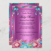 ジェンダー明らかに赤ちゃんシャワーピンクのティール（緑がかった色）ブルー結晶 招待状 (正面/裏面)