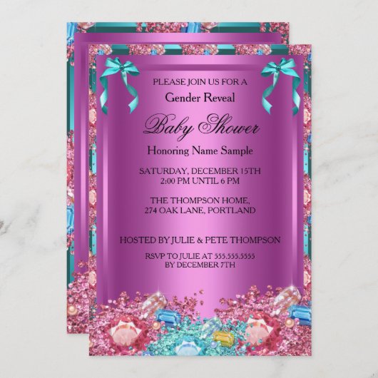 ジェンダー明らかに赤ちゃんシャワーピンクのティール（緑がかった色）ブルー結晶 招待状 (正面/裏面)