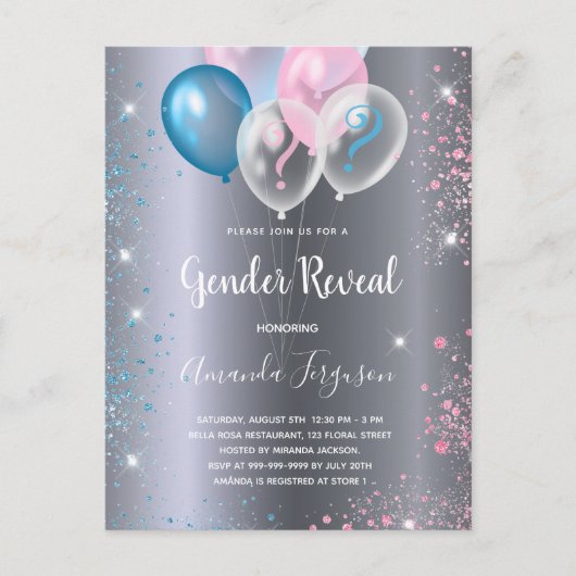 ジェンダー明らかに赤ちゃんシャワー男の子の女の子シルバー インビテーションポストカード (正面)