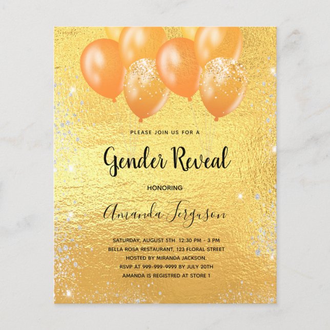 ジェンダー明らかに赤ちゃんシャワー男の子の金ゴールド招待 (正面)