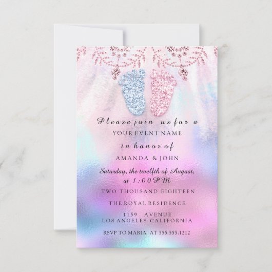 ジェンダー明らかに赤ちゃんシャワー足女の子ボーイピンクブルー 招待状 (正面)