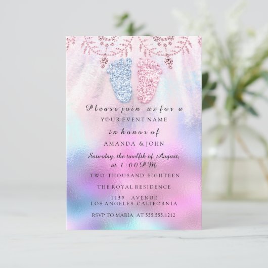 ジェンダー明らかに赤ちゃんシャワー足女の子ボーイピンクブルー 招待状 (スタンド正面)