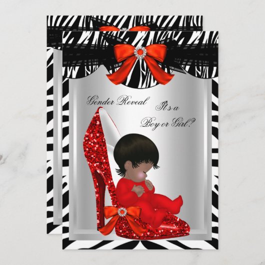 ジェンダー明らかに赤ちゃんシャワーZebra赤ベビー靴 招待状 (正面/裏面)