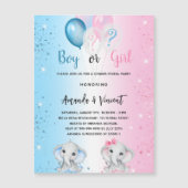 ジェンダー明らかに青いピンクの男の子のゾウの贅沢 マグネット招待状 (正面)