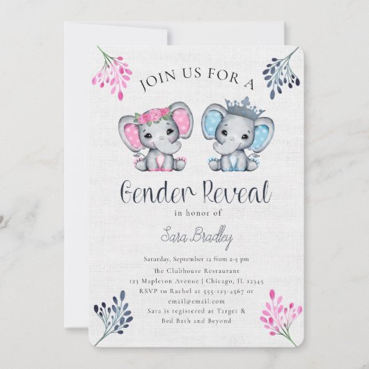 ジェンダー素朴明けバーラップ象の赤ちゃんシャワー 招待状 (正面)