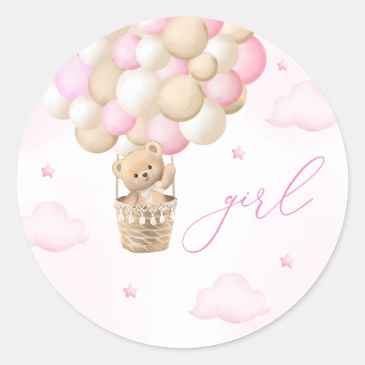 ジェンダー表示テディベアピンクの女の子 ラウンドシール (正面)