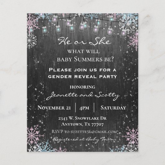 ジェンダー表示パーティー冬のスノーフレークウッドライトI チラシ (正面)