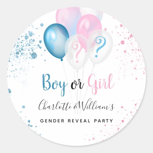 ジェンダー表示パーティー男の子ブルーピンクグリッター ラウンドシール (正面)