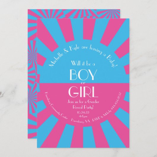 ジェンダー表示パーティー赤ちゃんシャワーピンクと青 招待状 (正面/裏面)