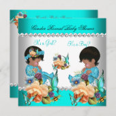 ジェンダー表示ベビーシャワーティール(緑がかった色)青い花 招待状 (正面/裏面)