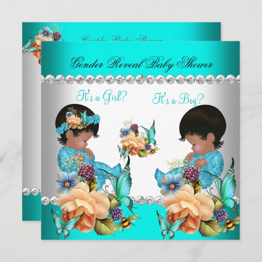 ジェンダー表示ベビーシャワーティール（緑がかった色）青い花 招待状 (正面/裏面)